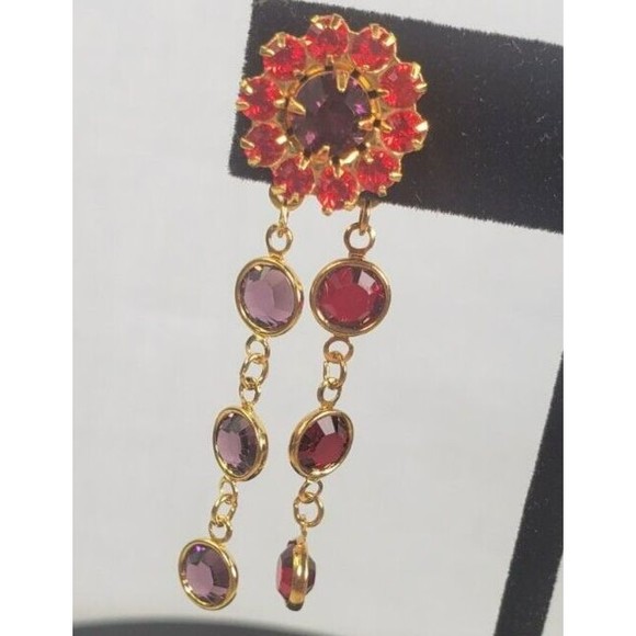 Red Hat Society Dangle Earrings Red Purple Gold Tone Chandelier Pierced - Picture 7 of 16